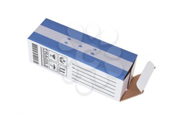 Concept of export, opened paper box - Product of Honduras