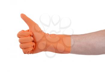 Orange glove for cleaning show thumbs up - isolated on white