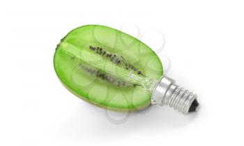 Kiwi lightbulb, concept of green energy - isolated on white