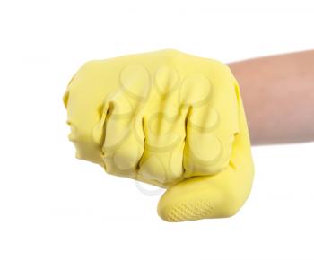 Hand in a rubber glove gesturing fist isolated on white background