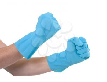 Hands in a rubber gloves gesturing fist isolated on white background