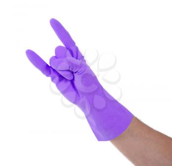 Hand in rubber gloves gesturing, close up, isolated on white