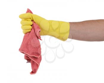 Hand wearing rubber glove and hold rag(mop), isolated on white
