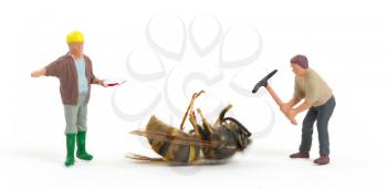 Dead wasp with miniature figurines, isolated on white