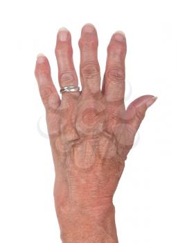 Hand of an old woman, close-up, isolated