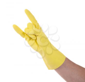 Hand in rubber gloves gesturing, close up, isolated on white