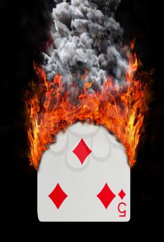 Playing card with fire and smoke, isolated on white - Five of diamonds