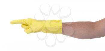 Hand in an cleaning glove making a directional sign on white background