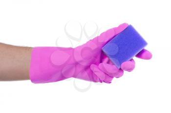Mans hand in rubber glove with sponge isolated on white background