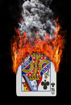 Playing card with fire and smoke, isolated on white - Queen of clubs