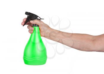 Sprayer in the hand of an old woman, isolated on white