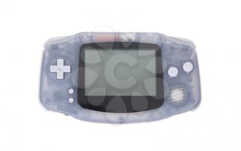 Old dirty portable game console with a small screen, isolated on white - blue