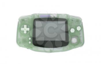 Old dirty portable game console with a small screen, isolated on white - green