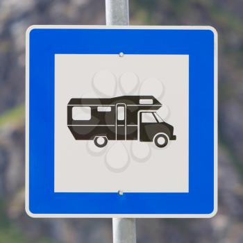 Camper sign in Europe, blue sign on a pole
