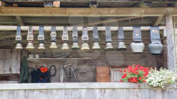 Swiss cowbells hanging at an farm in the Alps