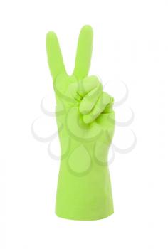Green cleaning glove, victory sign, isolated on white
