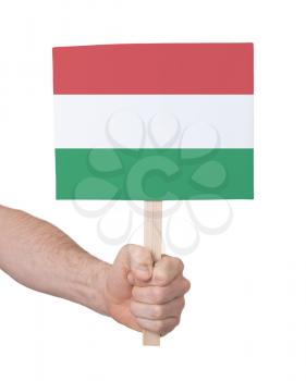 Hand holding small card, isolated on white - Flag of Hungary