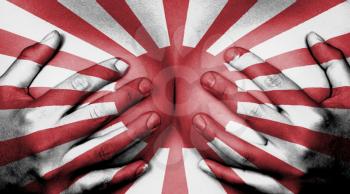 Upper part of female body, hands covering breasts, flag of Japan