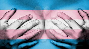 Upper part of female body, hands covering breasts, flag of Trans Pride