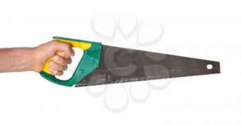 Hand with saw, isolated on white background