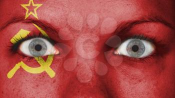 Women eye, close-up, eyes wide open, flag of the USSR