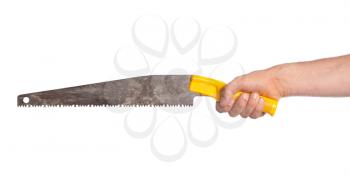 Hand with saw, isolated on white background