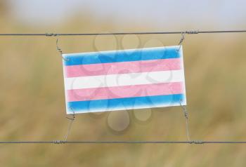Border fence - Old plastic sign with a flag - Trans Pride