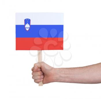 Hand holding small card, isolated on white - Flag of Slovenia