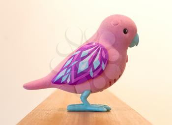 Mechanical bird for children, pink toy isolated