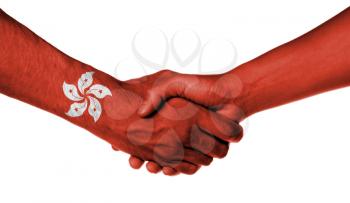 Man and woman shaking hands, wrapped in flag pattern, Hong Kong