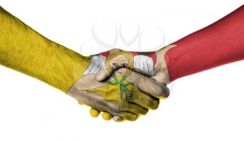 Man and woman shaking hands, wrapped in flag pattern, Sicily