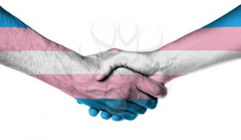 Man and woman shaking hands, wrapped in flag pattern, Trans Pride