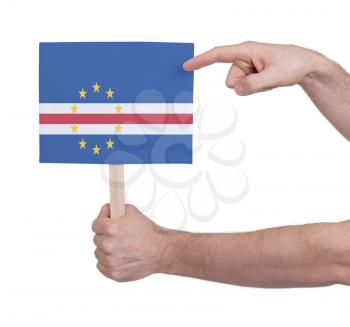 Hand holding small card, isolated on white - Flag of Cape Verde
