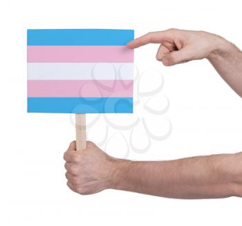 Hand holding small card, isolated on white - Flag of Trans Pride