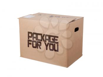 Closed cardboard box, isolated on a white background, package for you
