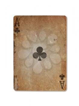 Very old playing card isolated on a white background, ace of clubs