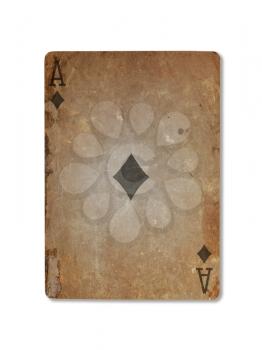 Very old playing card isolated on a white background, ace of diamonds