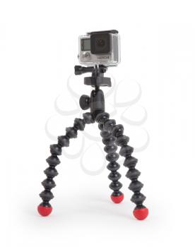 Amsterdam, the Netherlands - June 30, 2015: GoPro Hero 4 Black Edition isolated on white background, GoPro is a brand of high-definition personal cameras, often used in extreme action video photograph