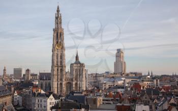 View over Antwerp with cathedral of our lady taken, Belgium