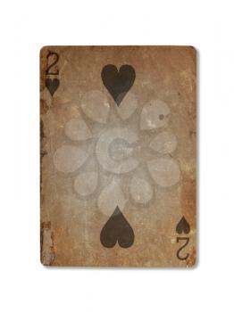 Very old playing card isolated on a white background, two of hearts