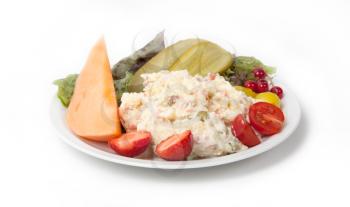 Snack time - View of Russian salad on a white plate, isolated