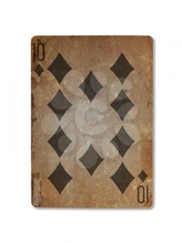 Very old playing card isolated on a white background, ten of diamonds