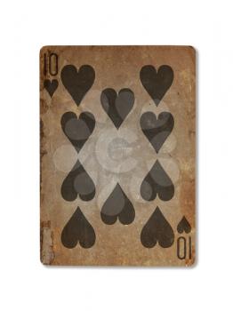 Very old playing card isolated on a white background, ten of hearts