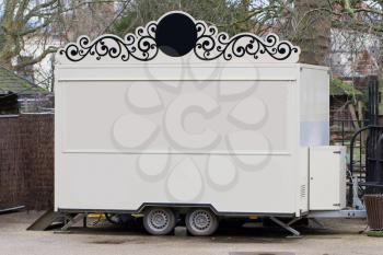 White trailer, shop on wheels, parked in Antwerp
