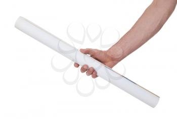 Hand holding paper roll isolated on white
