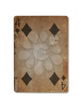 Very old playing card isolated on a white background, four of diamonds