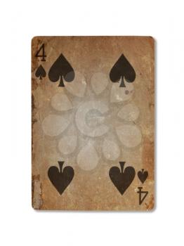 Very old playing card isolated on a white background, four of spades