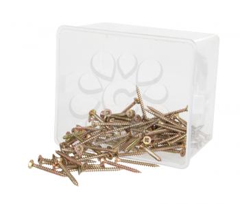 Brass cross screws in a plastic box, isolated on white