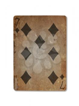 Very old playing card isolated on a white background, seven of diamonds
