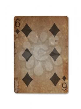 Very old playing card isolated on a white background, six of diamonds